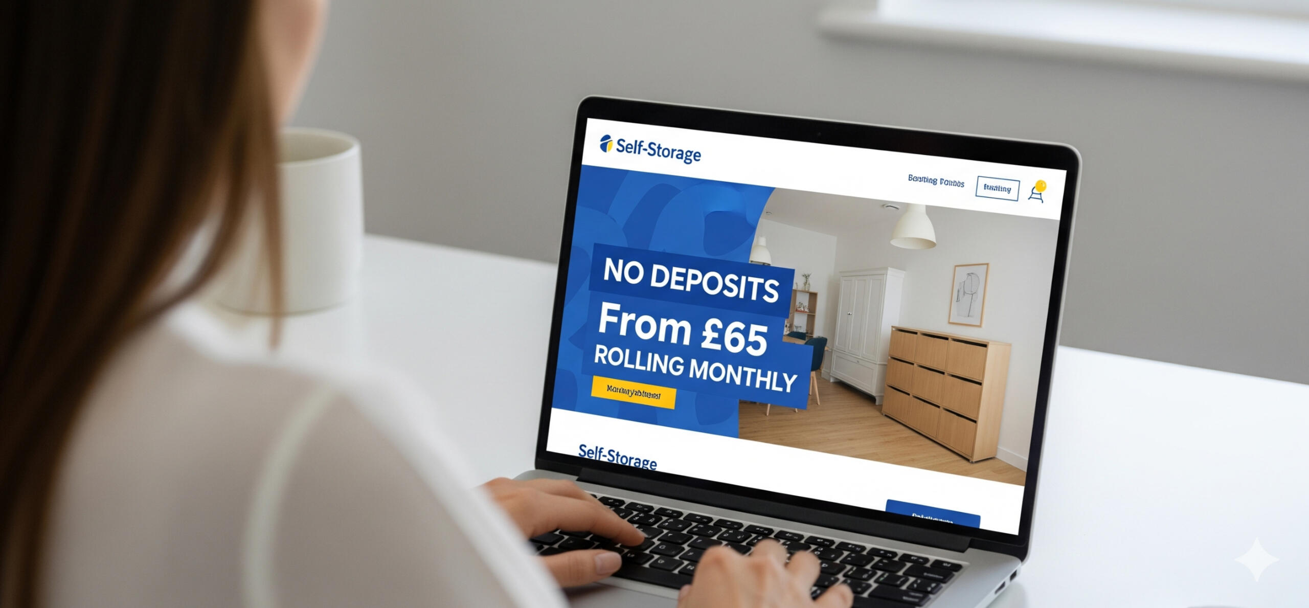 Woman booking a Boxxs self storage unit online Woman using a laptop to book a Boxxs self storage unit online, showing how simple and convenient digital booking is in Central Scotland