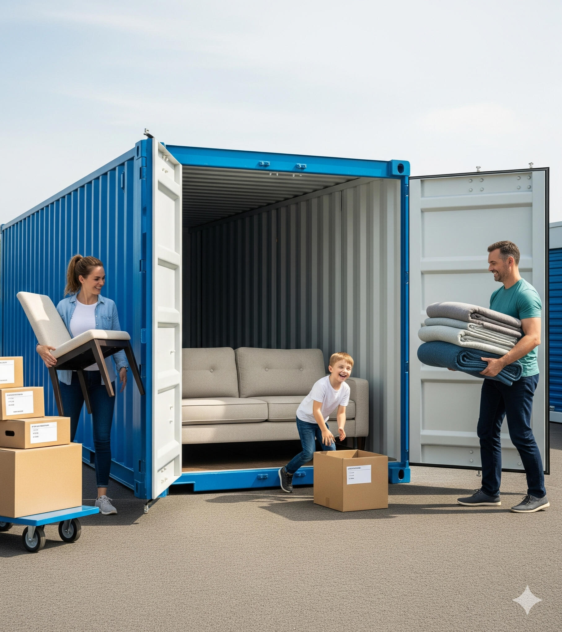 Family loading household items into a Boxxs self storage container Family loading furniture and boxes into a Boxxs self storage container in West Lothian and Falkirk