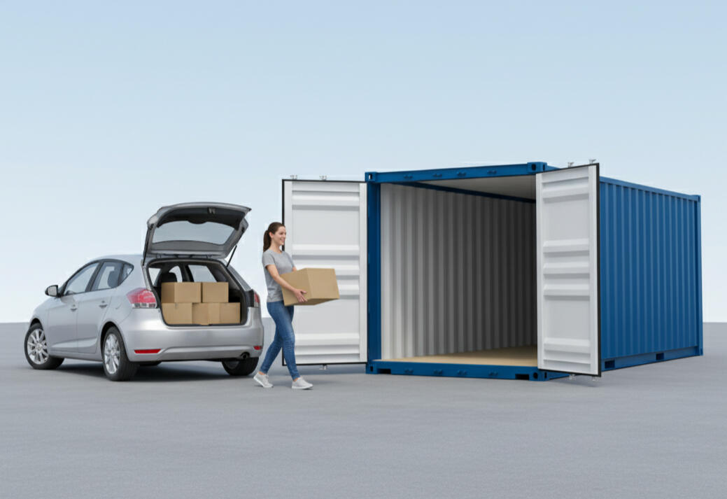 Woman unloading household boxes into a Boxxs self storage container at Linlithgow, providing secure and convenient storage for West Lothian and Falkirk customers