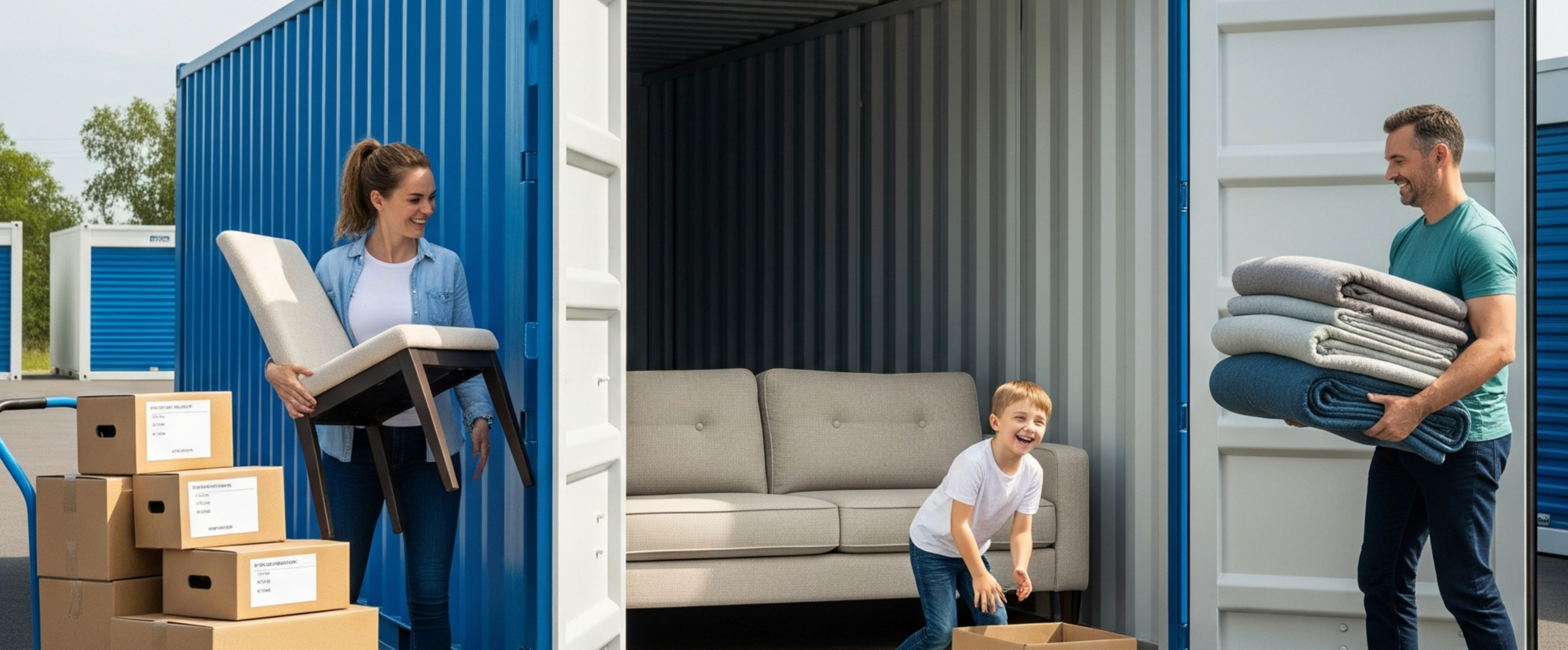 Family unloading household goods into a Boxxs self storage container at Linlithgow, offering secure and flexible storage for Bo’ness and West Lothian customers