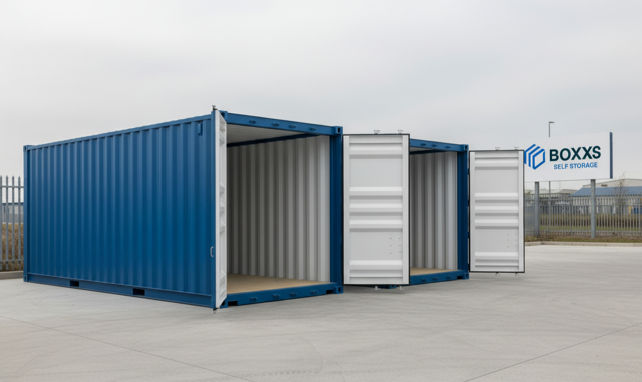 Alternate view of two Boxxs self storage containers with open doors at the Linlithgow site, offering secure and flexible storage