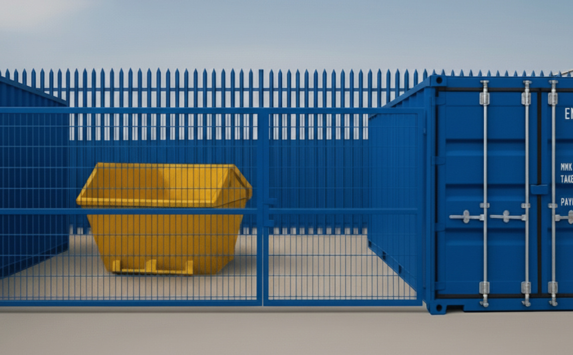 Boxxs Micro Yard in Linlithgow showing a 20ft self storage container with a yellow skip in the fenced yard, ideal for trades and businesses.